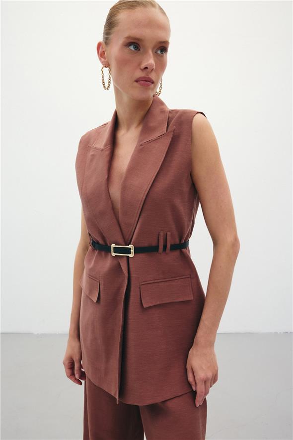 Kemerli Keten Yelek - Kahve