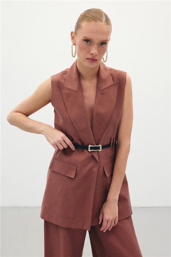 Kemerli Keten Yelek - Kahve