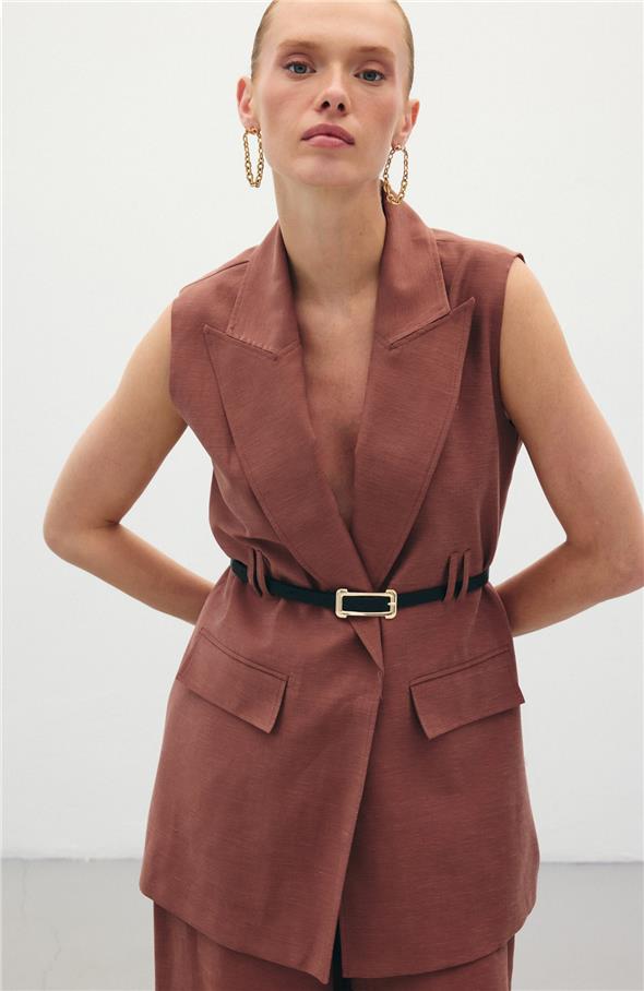 Kemerli Keten Yelek - Kahve