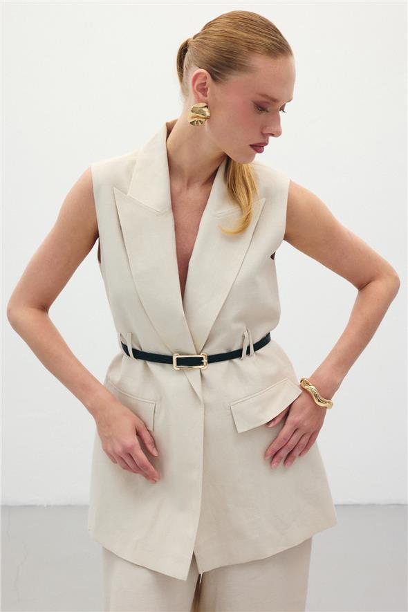 Kemerli Keten Yelek - Taş