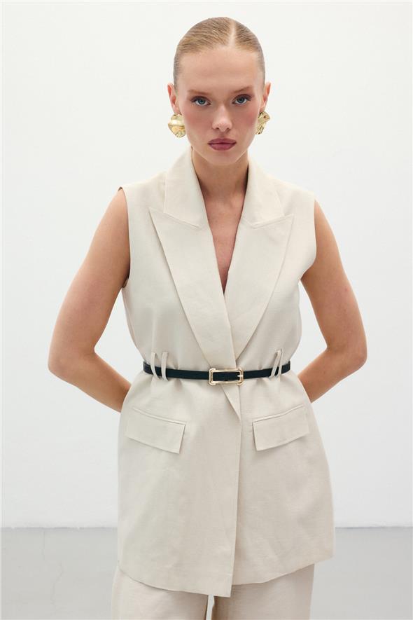 Kemerli Keten Yelek - Taş