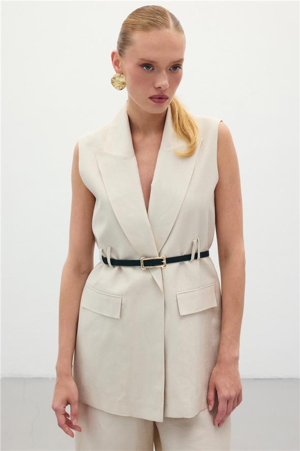 Kemerli Keten Yelek - Taş