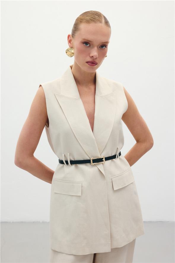 Kemerli Keten Yelek - Taş