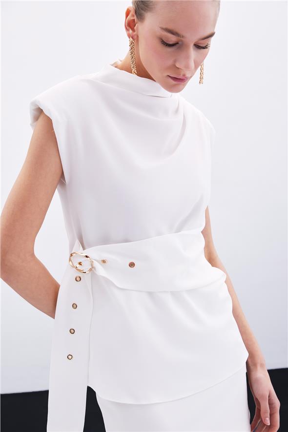 Kemerli Kolsuz Bluz - Ekru