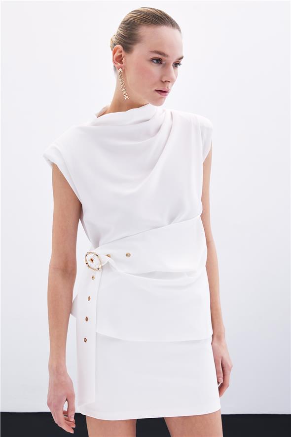 Kemerli Kolsuz Bluz - Ekru