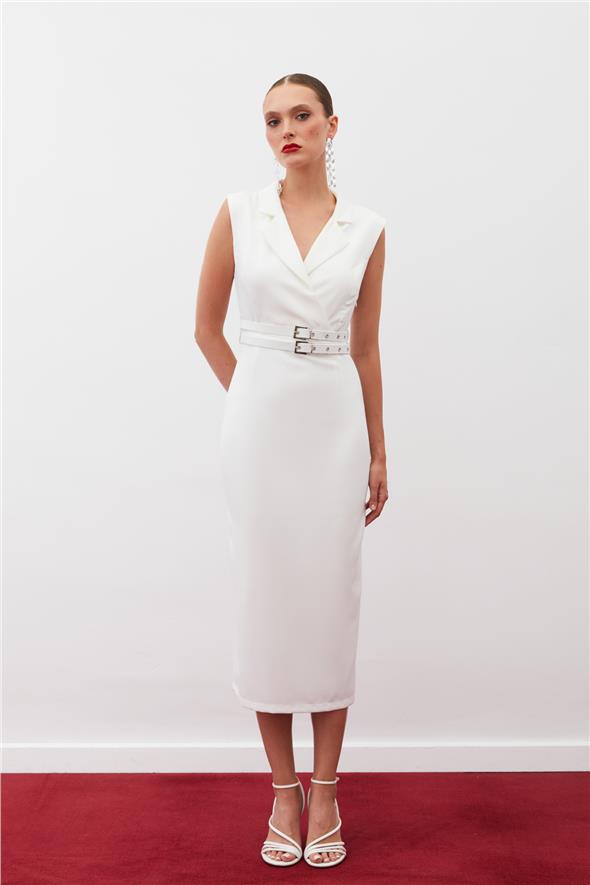 Kemerli Midi Elbise - Ekru