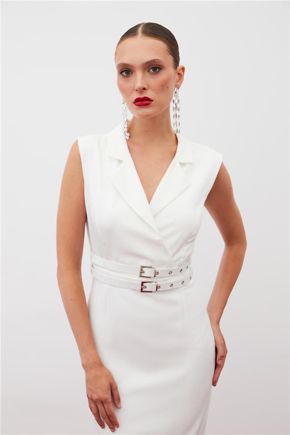 Kemerli Midi Elbise - Ekru