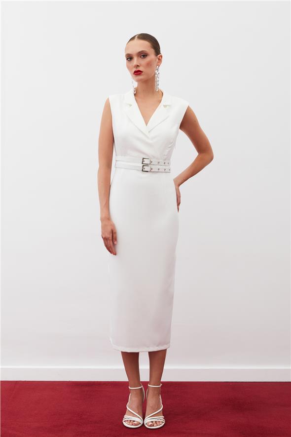 Kemerli Midi Elbise - Ekru