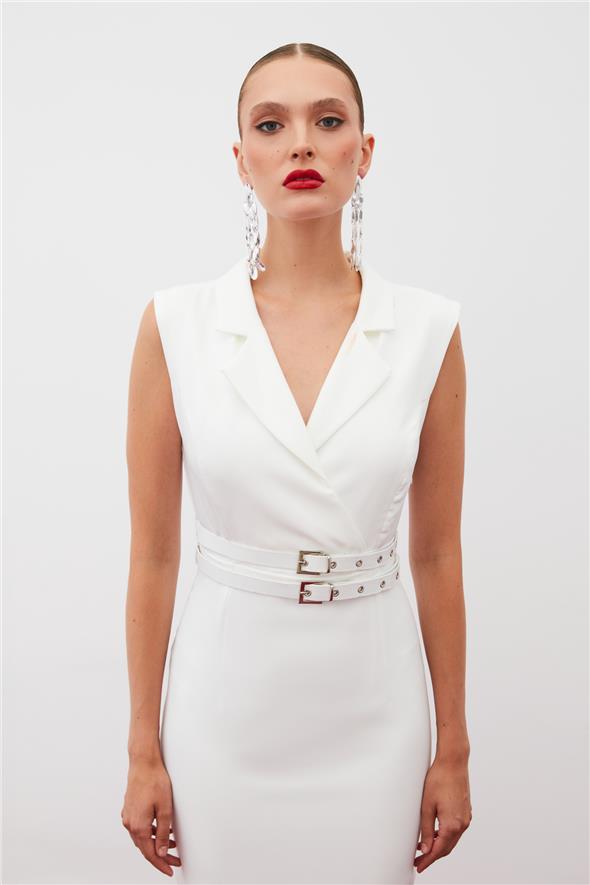 Kemerli Midi Elbise - Ekru