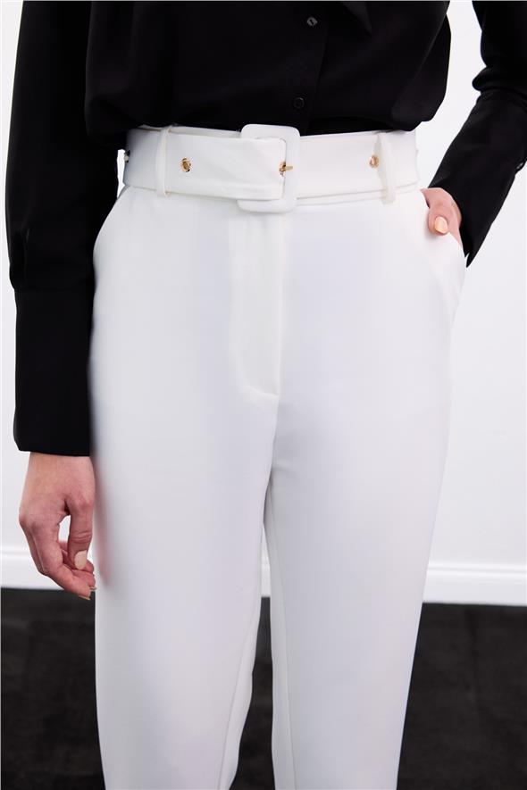 Kemerli Pantolon - Ekru