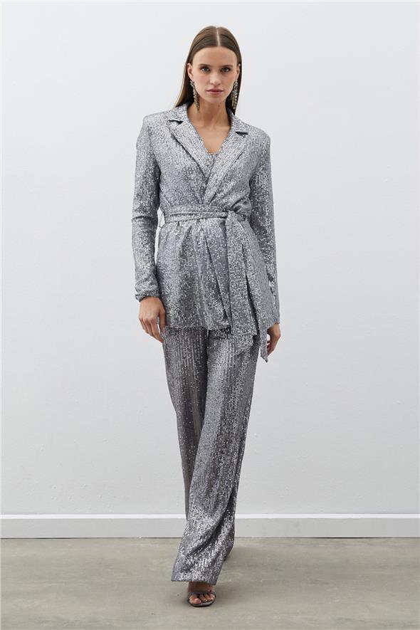 Kemerli Payet Pantolon - Gümüş