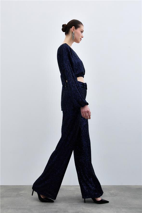Kemerli Payet Pantolon - Lacivert