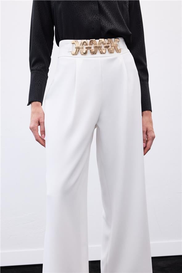 Kemerli Salaş Pantolon - Ekru