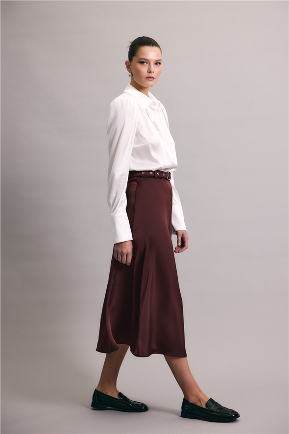 Kemerli Saten Etek - Bordo