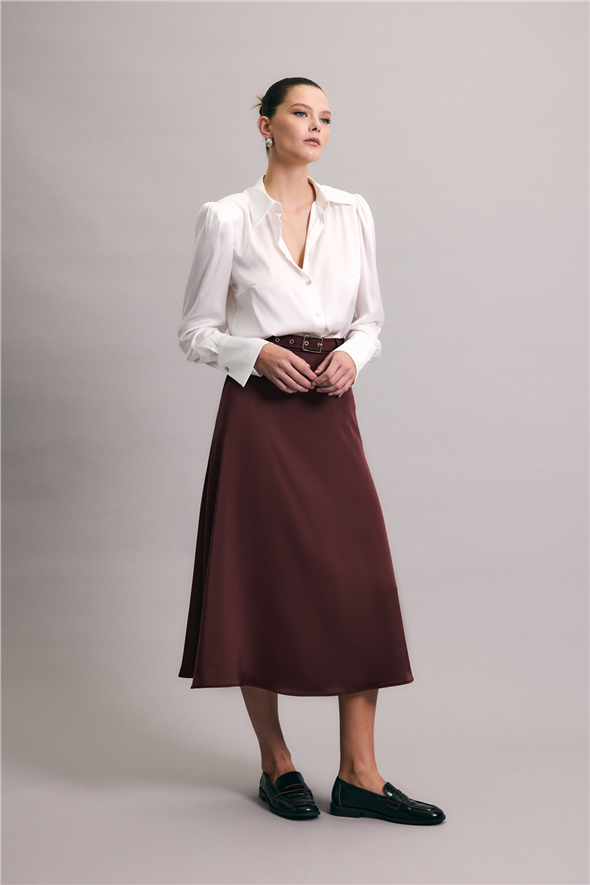 Kemerli Saten Etek - Bordo