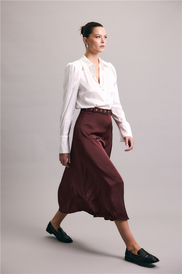 Kemerli Saten Etek - Bordo