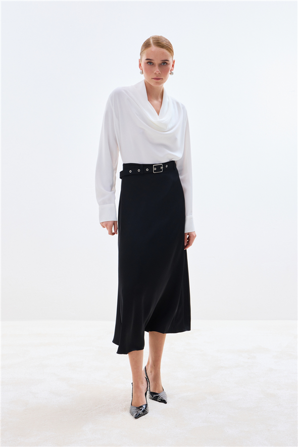 Kemerli Saten Etek - Siyah