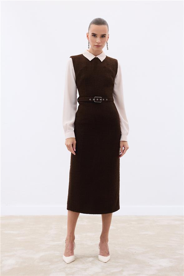 Kemerli Tüvit Elbise - Kahve