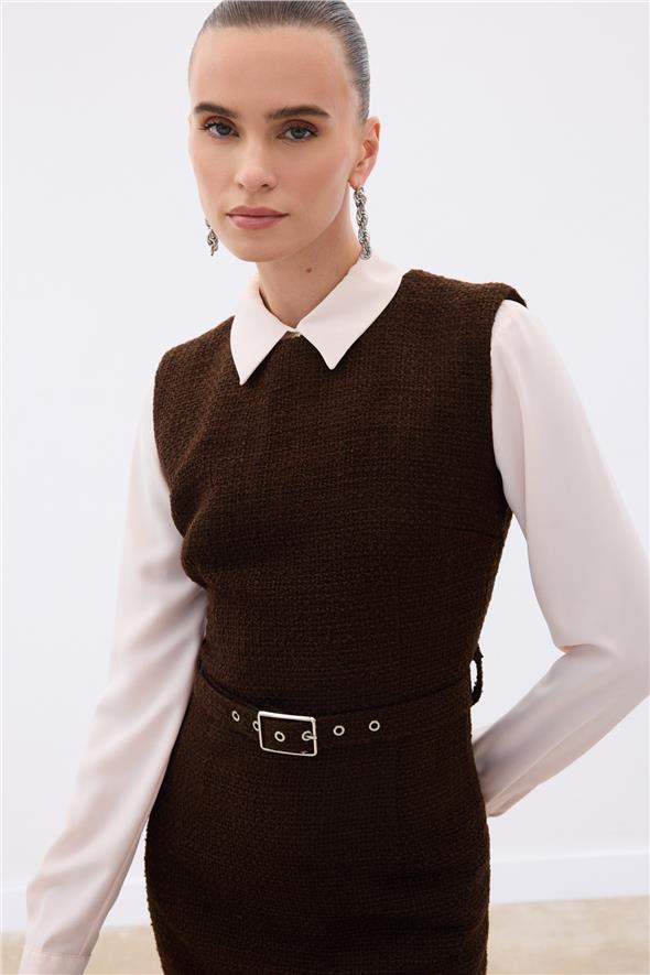 Kemerli Tüvit Elbise - Kahve