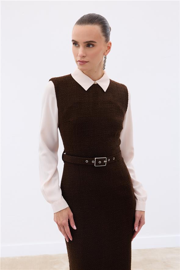 Kemerli Tüvit Elbise - Kahve