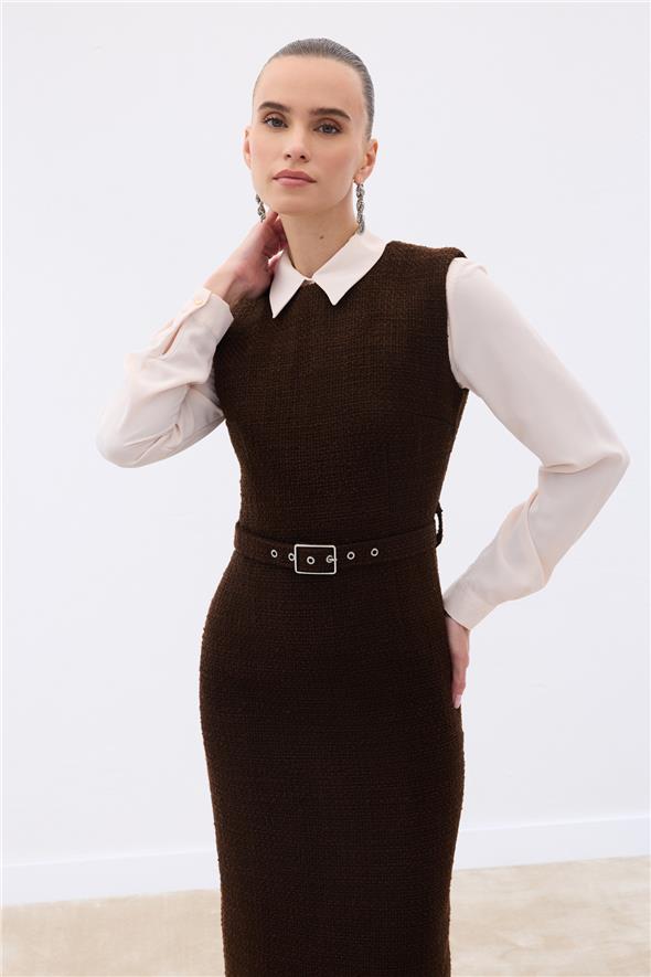 Kemerli Tüvit Elbise - Kahve