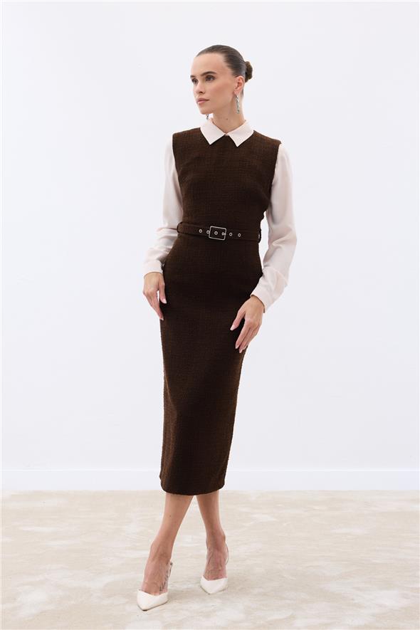 Kemerli Tüvit Elbise - Kahve
