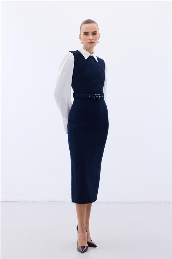 Kemerli Tüvit Elbise - Lacivert