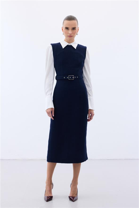 Kemerli Tüvit Elbise - Lacivert