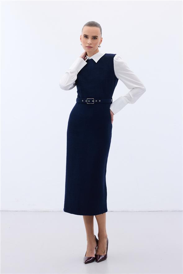 Kemerli Tüvit Elbise - Lacivert