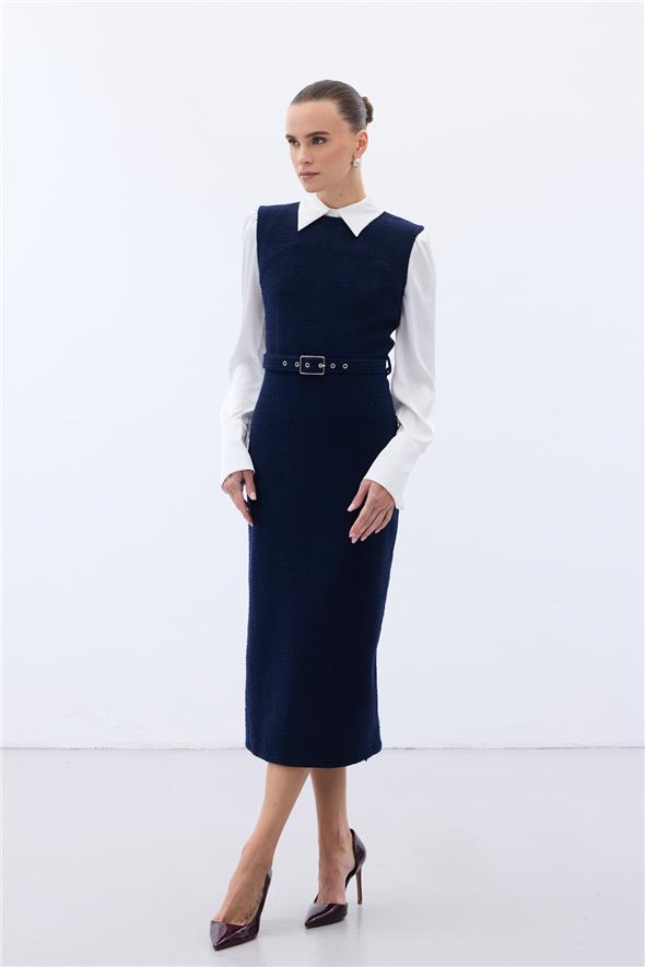 Kemerli Tüvit Elbise - Lacivert