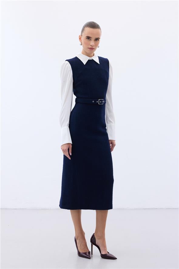 Kemerli Tüvit Elbise - Lacivert