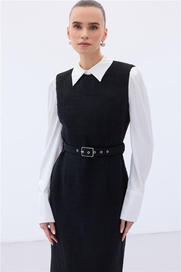 Kemerli Tüvit Elbise - Siyah