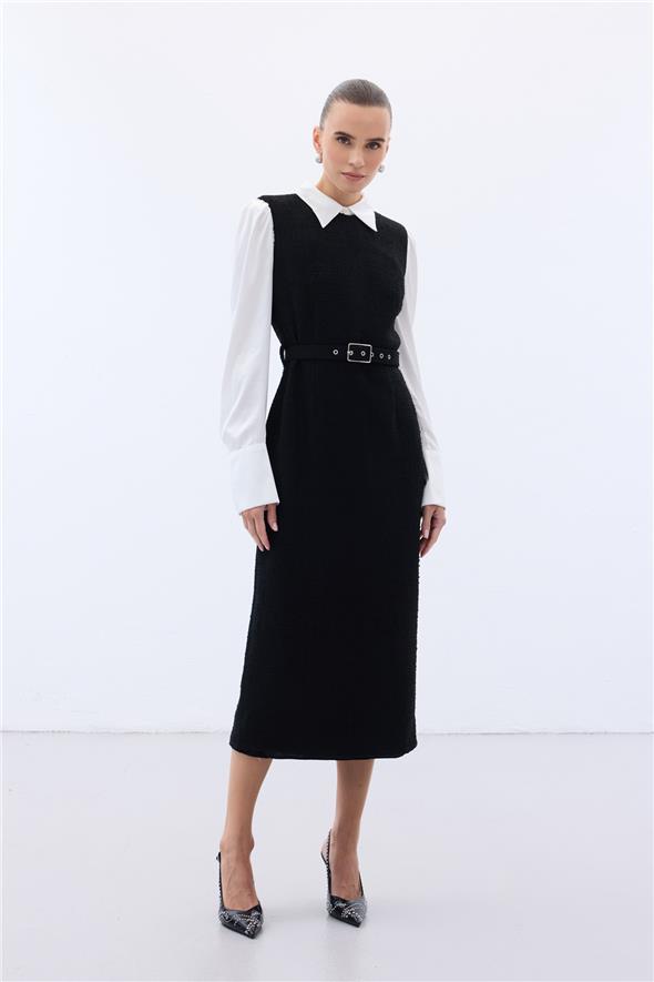 Kemerli Tüvit Elbise - Siyah