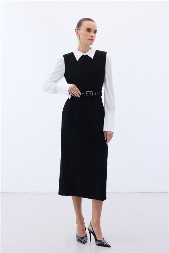 Kemerli Tüvit Elbise - Siyah