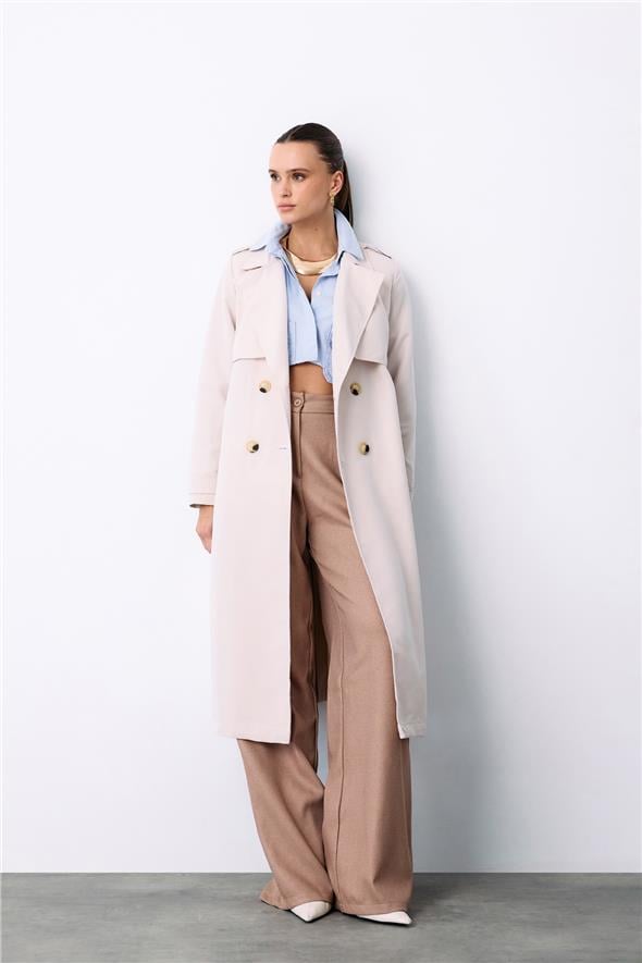 Kemerli Uzun Trençkot - Taş