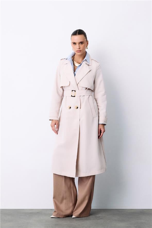 Kemerli Uzun Trençkot - Taş