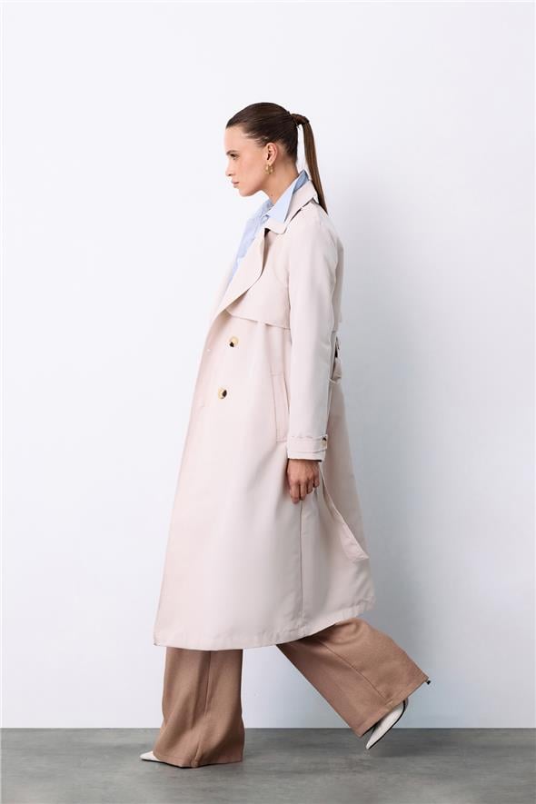 Kemerli Uzun Trençkot - Taş