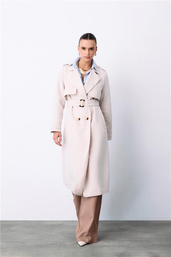 Kemerli Uzun Trençkot - Taş