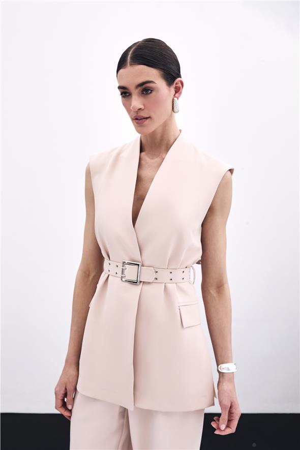 Kemerli Uzun Yelek - Bej