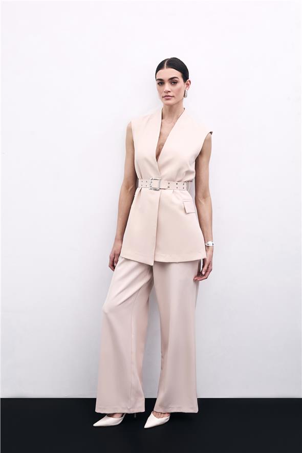 Kemerli Uzun Yelek - Bej