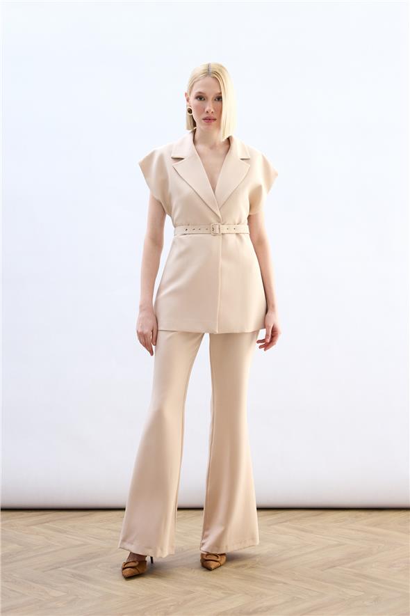 Kemerli Uzun Yelek - Bej