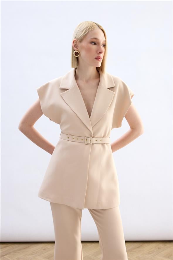 Kemerli Uzun Yelek - Bej