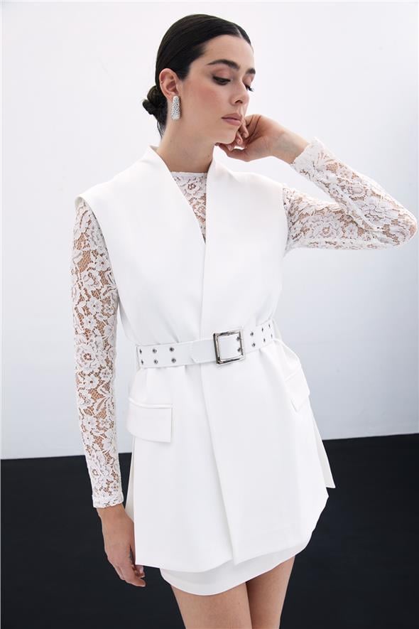 Kemerli Uzun Yelek - Ekru