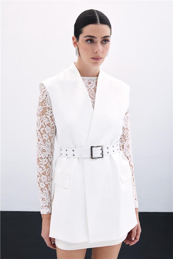 Kemerli Uzun Yelek - Ekru