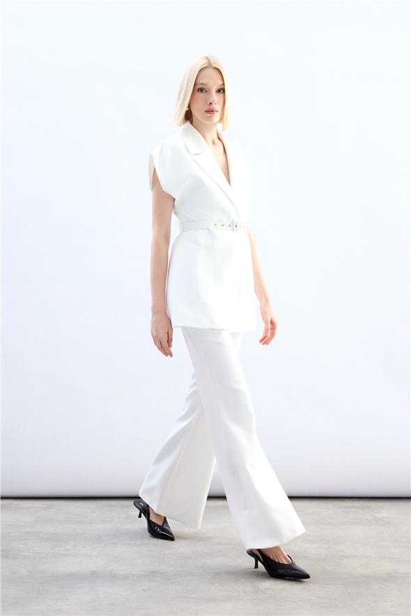 Kemerli Uzun Yelek - Ekru