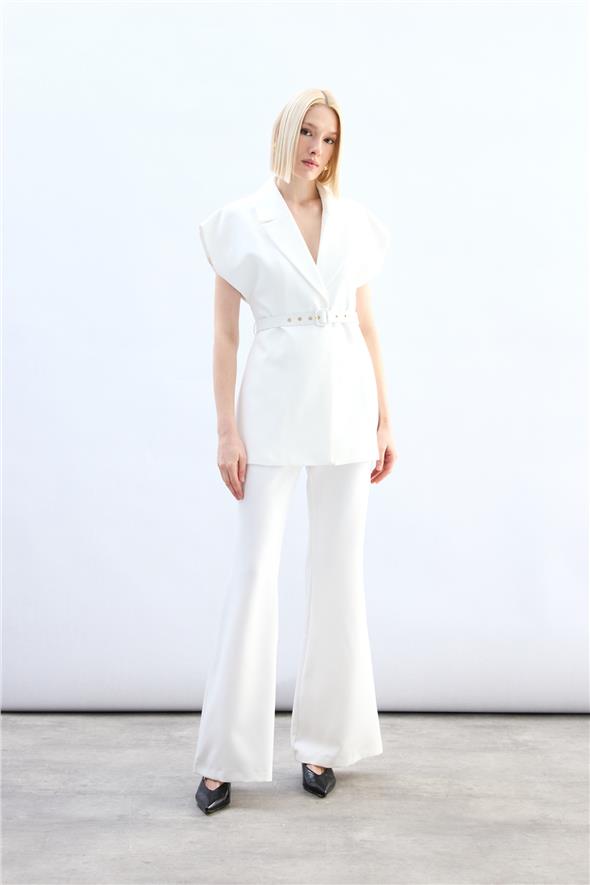 Kemerli Uzun Yelek - Ekru