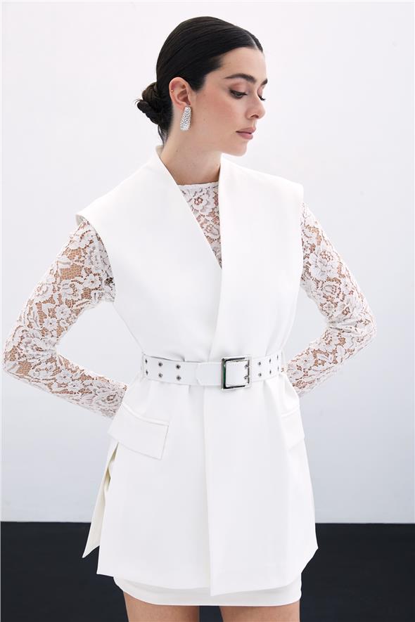 Kemerli Uzun Yelek - Ekru