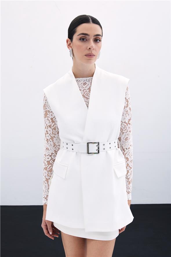 Kemerli Uzun Yelek - Ekru