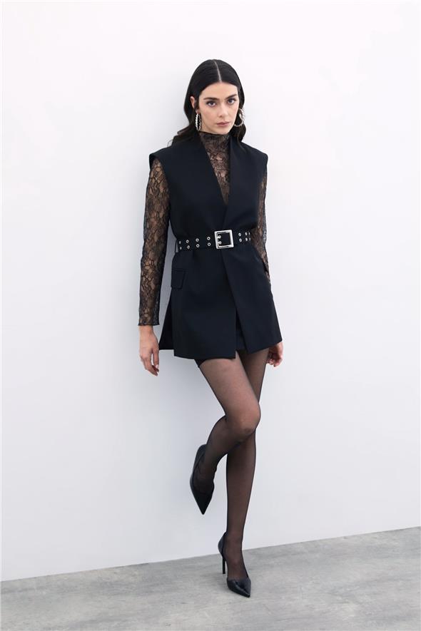 Kemerli Uzun Yelek - Siyah