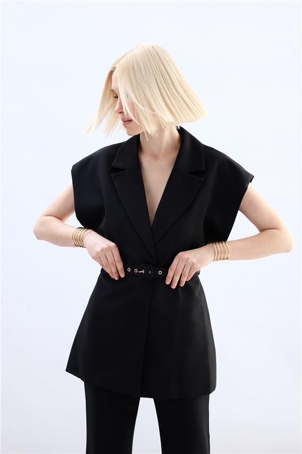 Kemerli Uzun Yelek - Siyah